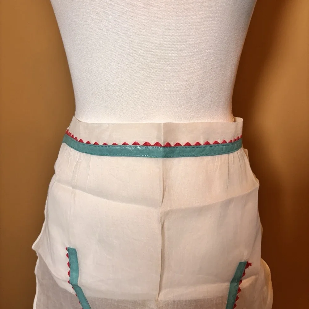 Vintage Sheer Organza Half Apron White Teal Pink Ric Rac Ruffle Retro